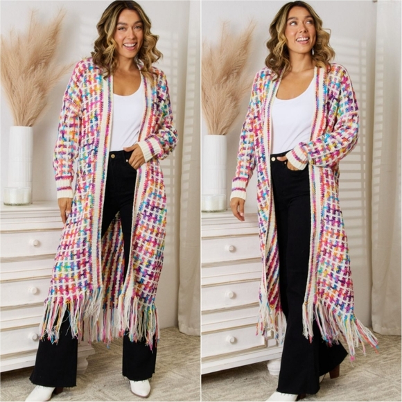 Kaleidoscope Fringe Long Cardigan - Red White Multi - Picture 3 of 6